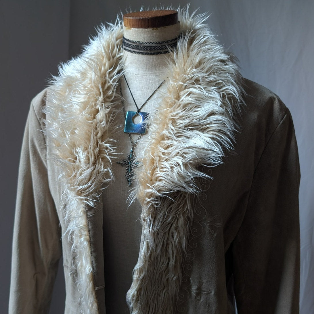 Y2K Vintage Tan Suede Penny Lane Jacket XL Faux Fur Coat Groovy Leather Coat