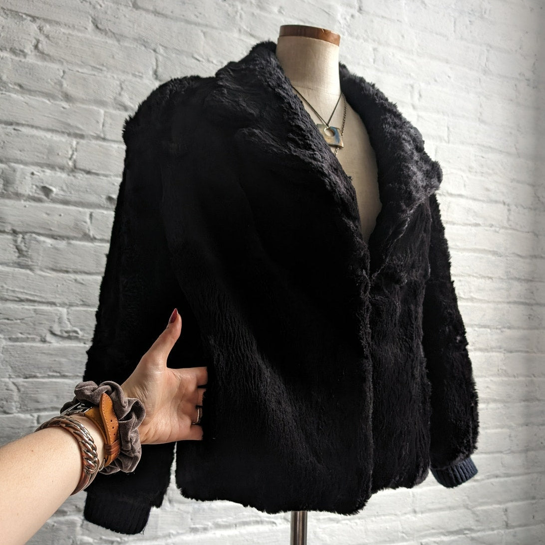 Vintage Black Rabbit Fur Bomber Coat Minimalist Shaggy Furry Fuzzy Moto Jacket