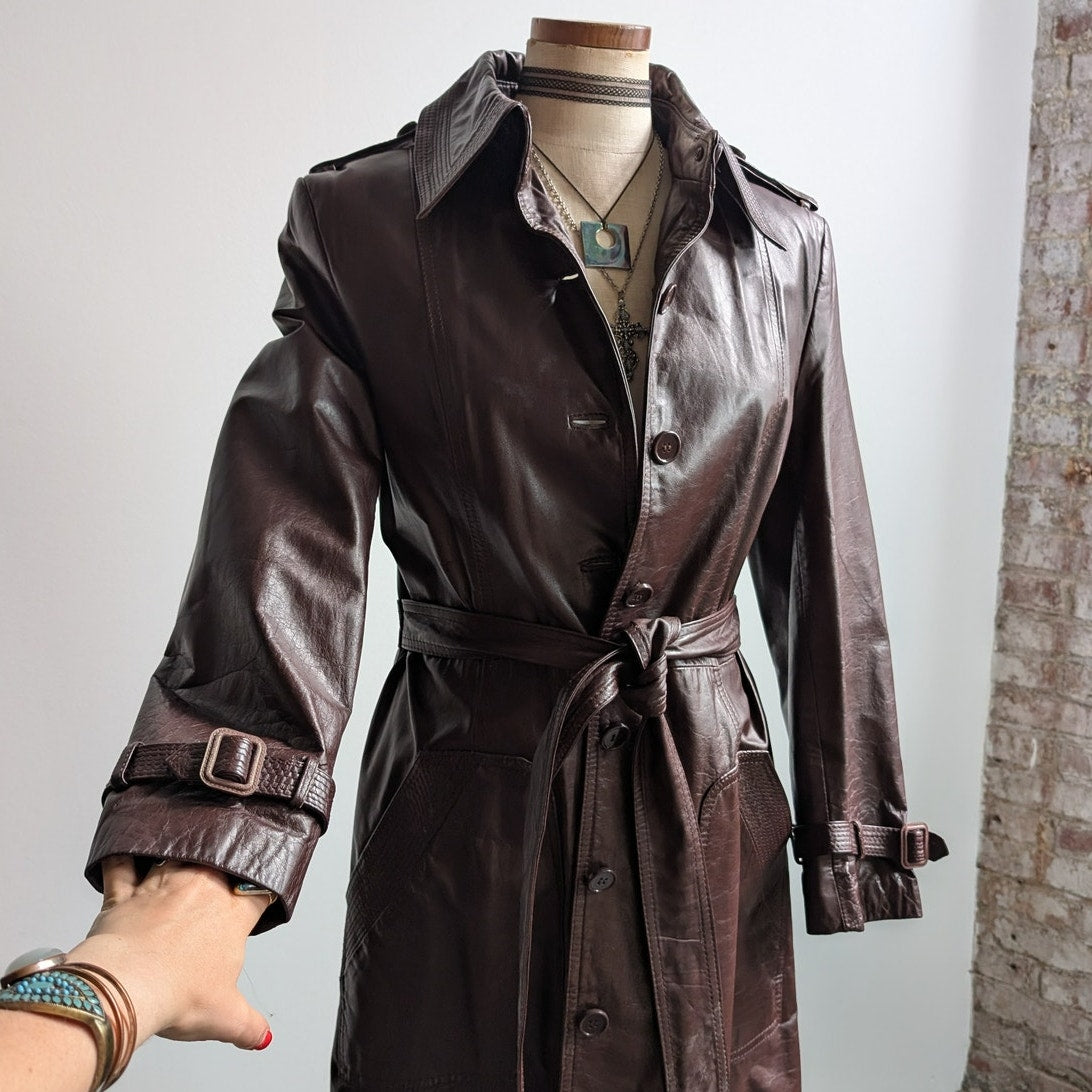 Vintage Brown Red Leather Jacket Minimalist Grunge Chic Biker Trench Coat Large