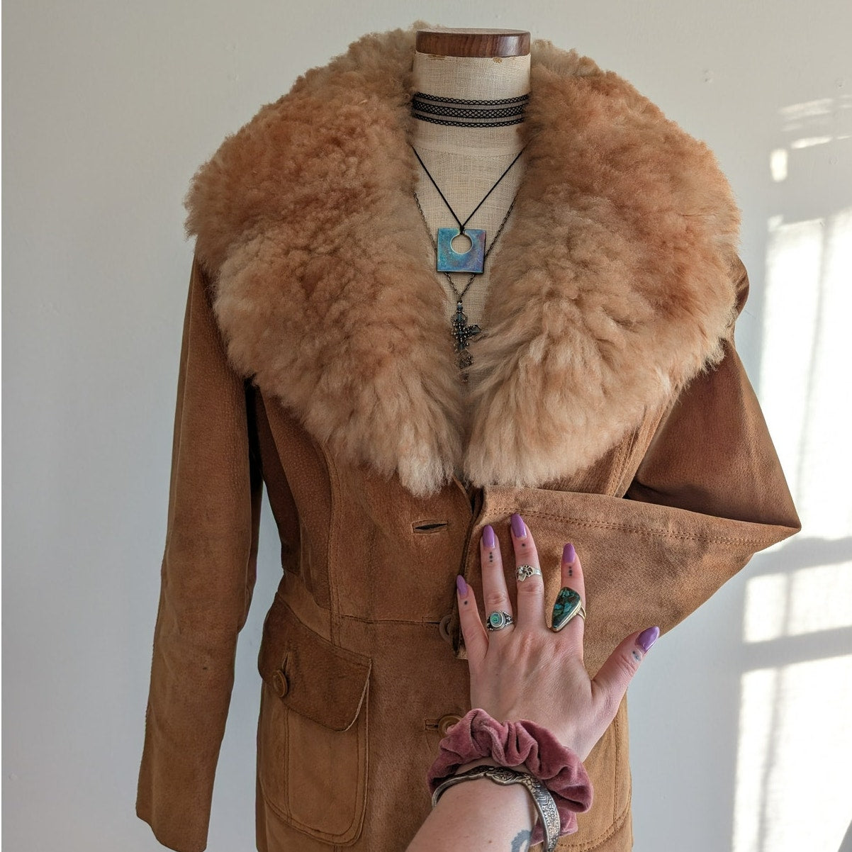 Vintage Brown Leather Coat 70s Suede Penny Lane Jacket Boho Chic Neutral Small