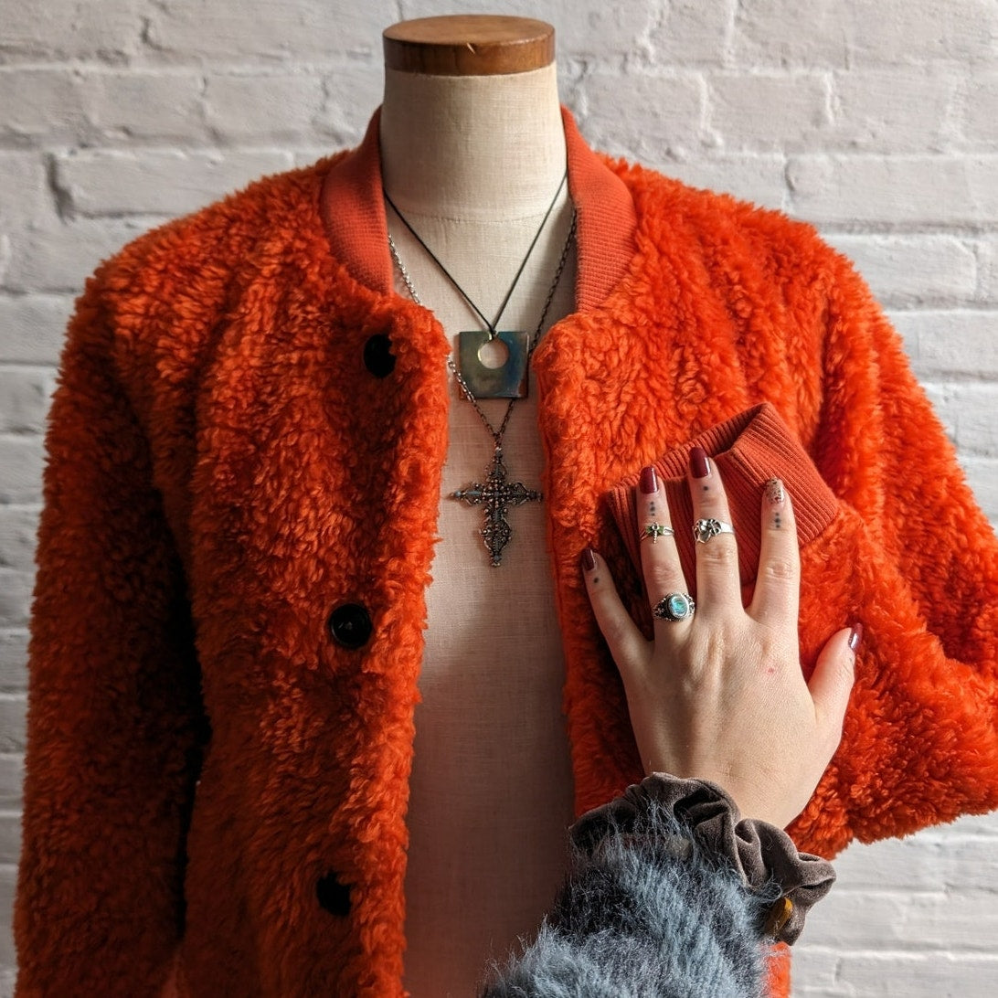 Uniqlo Faux Fur Orange Coat Fuzzy Bomber Indie Retro Statement Preppy Jacket