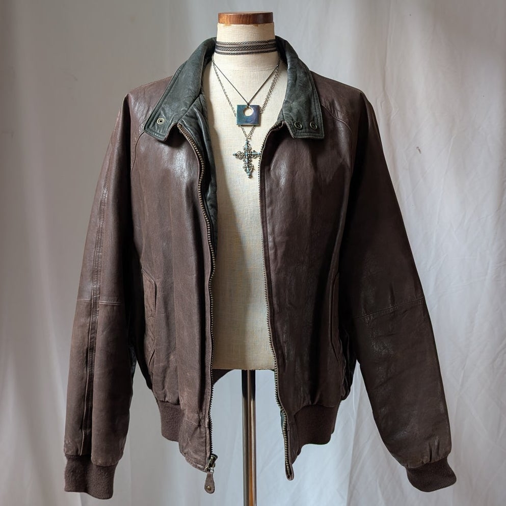 Vintage 90s Brown Leather Bomber Jacket L Slouchy Oversized Quilted Leather Coat