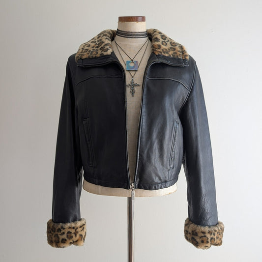 Y2K Vintage Black Leather Biker Jacket Faux Fur Coat Crop Cheetah Print Medium