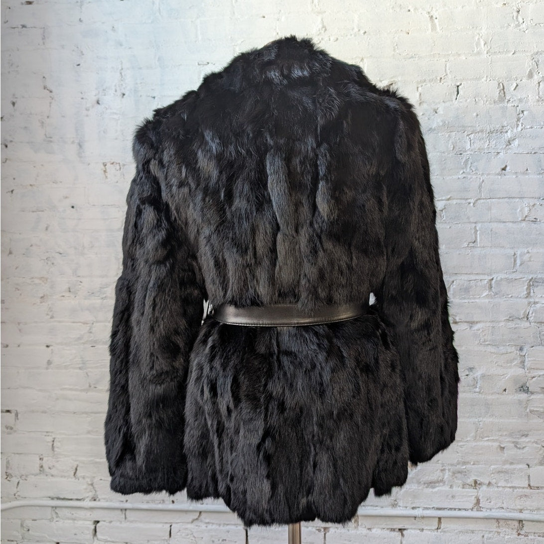 Vintage Jet Black Fur Coat Leather Belted Minimalist Rabbit Furry Fuzzy Jacket