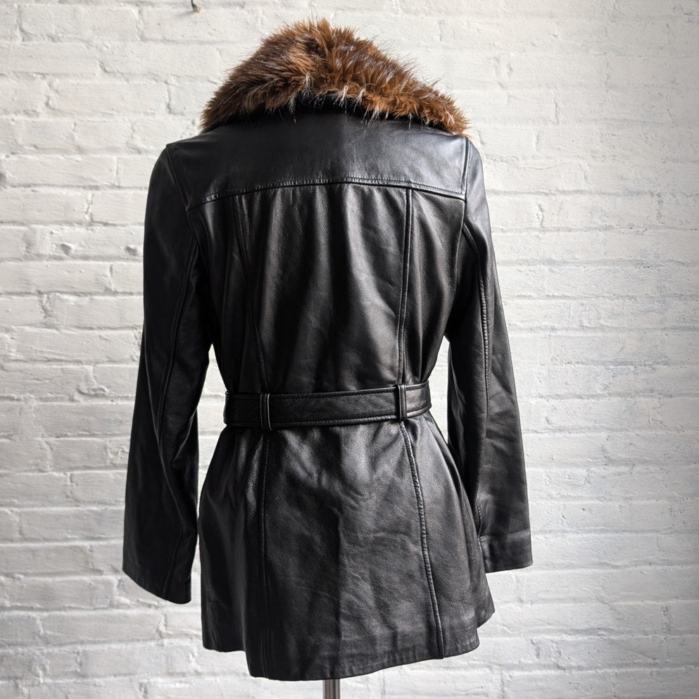 Vintage Black Minimalist Leather Fur Coat Penny Lane Chic Goth Furry Moto Jacket