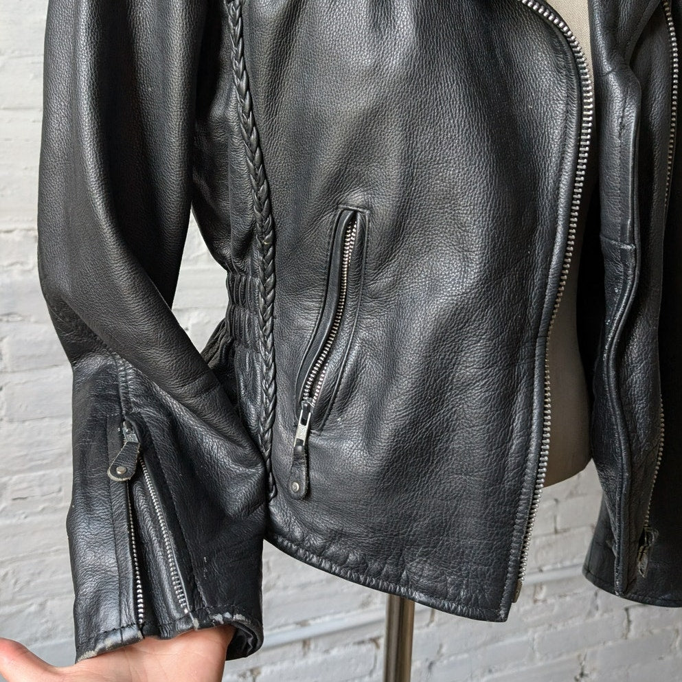 Vintage Black Leather Biker Jacket Minimalist Chic 90s Black Leather Coat Small