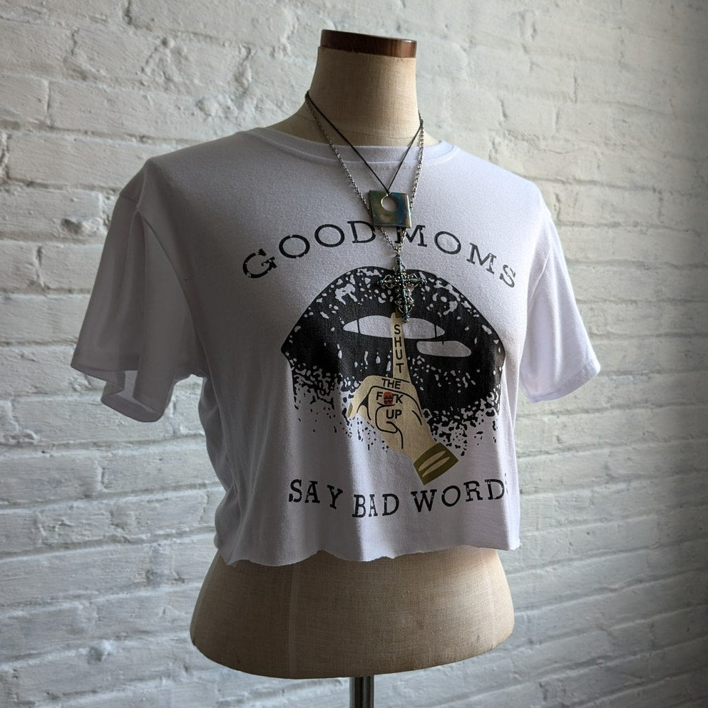 Y2K White Cropped Grunge Tee Mom Graphic Tshirt Sexy Tattoo Baddie Top Small