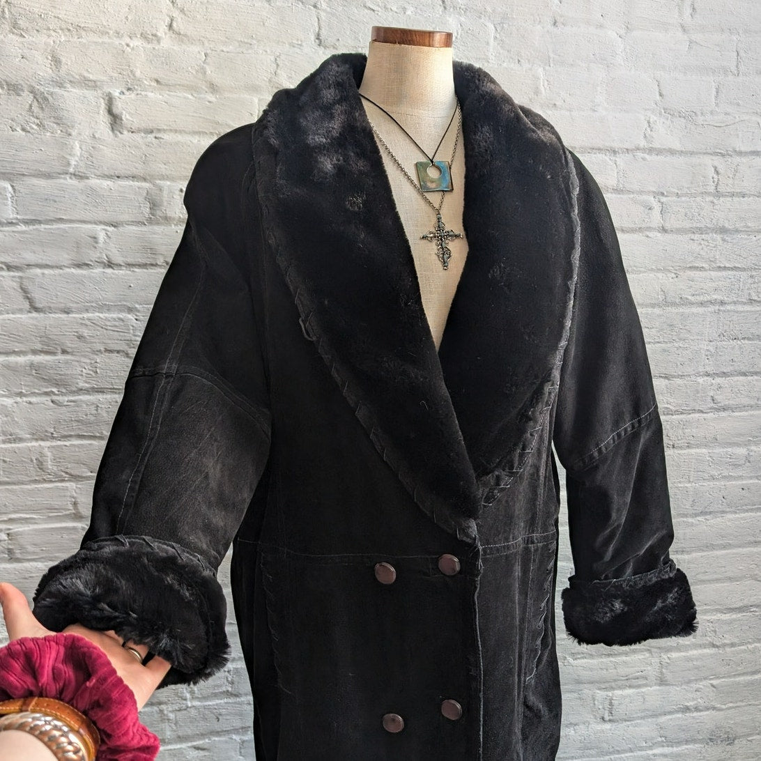 Vintage Black Suede Trench Coat Faux Fur Coat Minimalist Leather Jacket Large