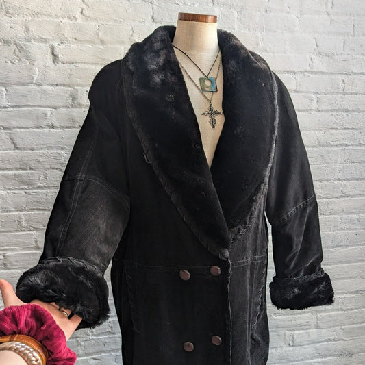 Vintage Black Suede Leather Trench Coat Fur Trim Leather Winter Jacket Large