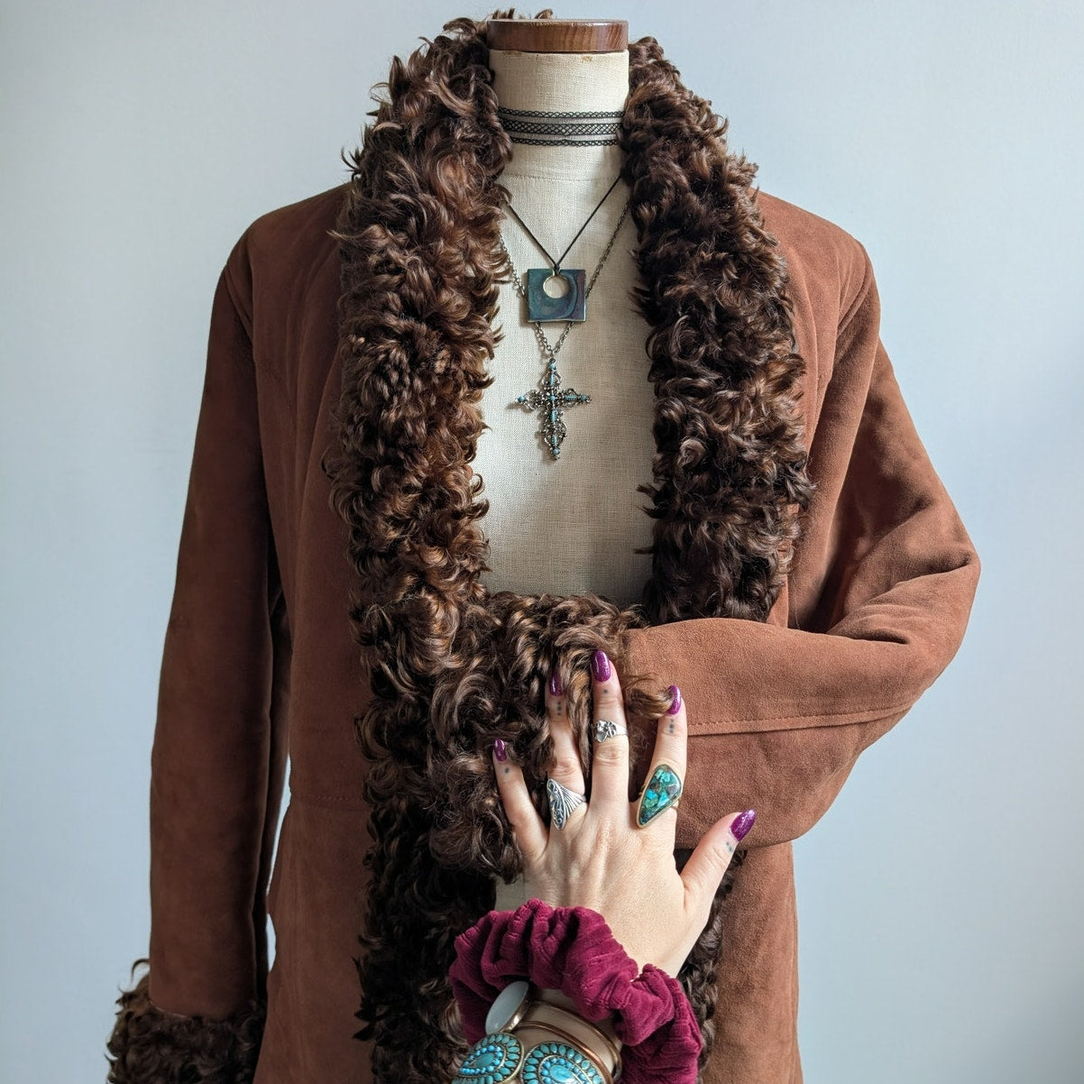 Vintage Brown Suede Penny Lane Afghan Trench Coat Fur Trim Leather Jacket Large