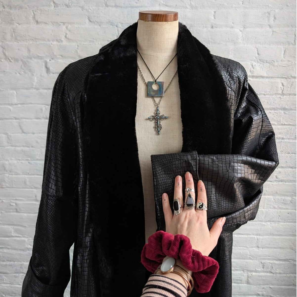 Vintage Black Leather Faux Fur Trench Coat Penny Lane Grunge Snakeskin Jacket