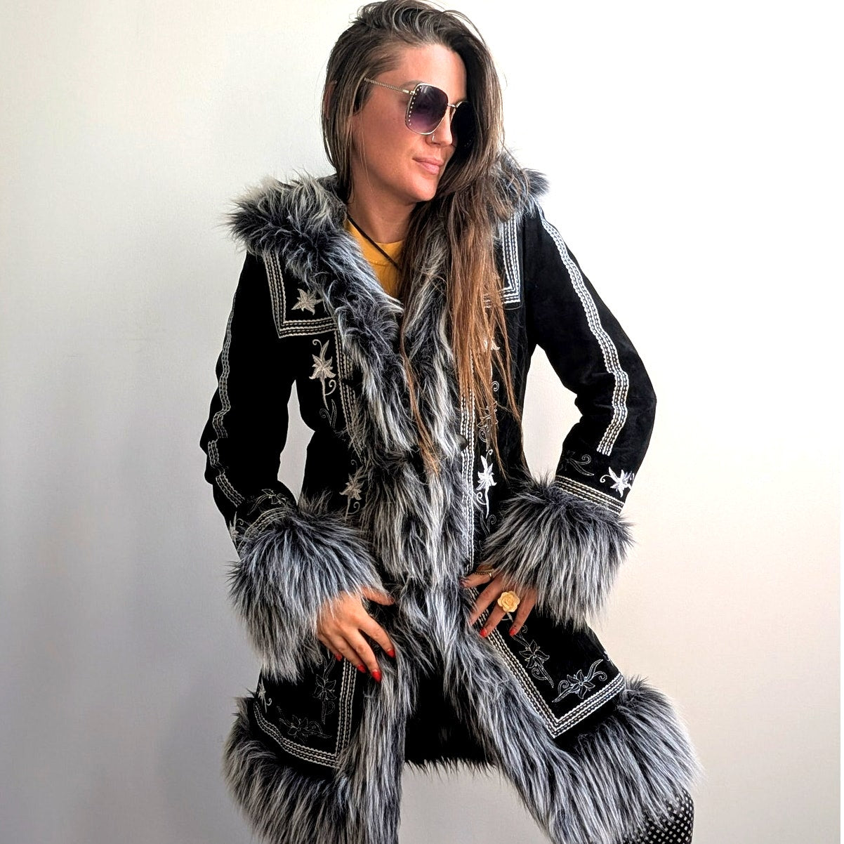 Vintage Black Suede Coat Penny Lane Groovy Faux Fur Jacket Afghan Trench Medium