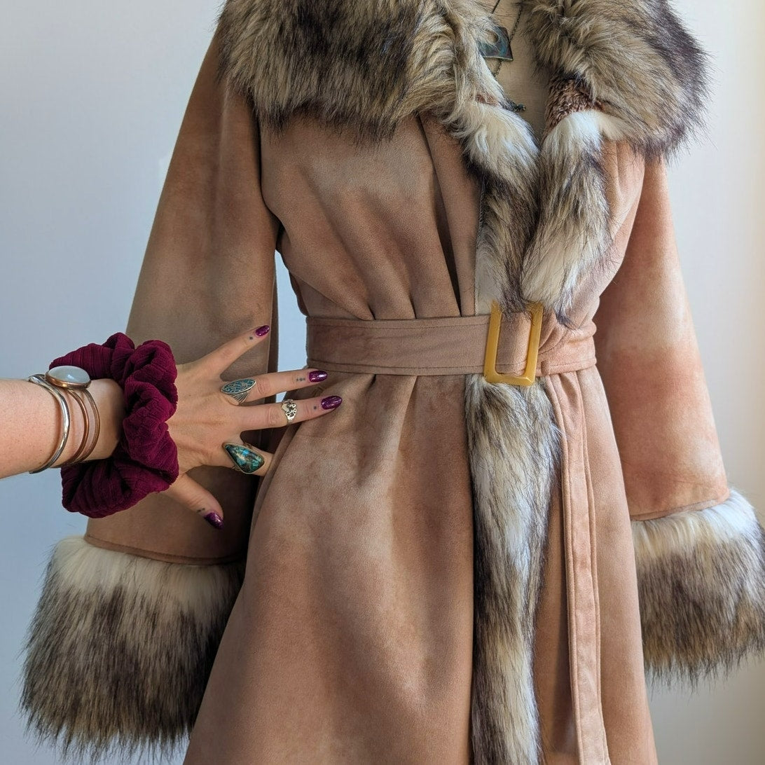 Vintage Brown Vegan Suede Penny Lane Jacket Y2K Tan Faux Fur Afghan Coat Small