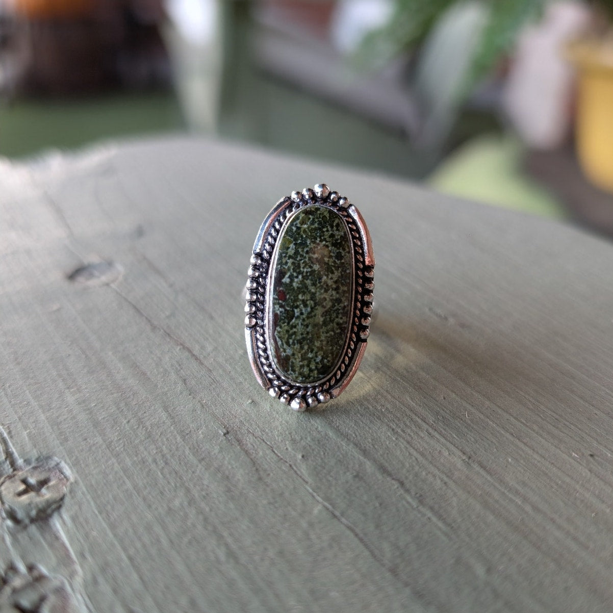 Green Speckled Sterling Silver Ring Retro Vintage Boho Natural Stone Size 8.25
