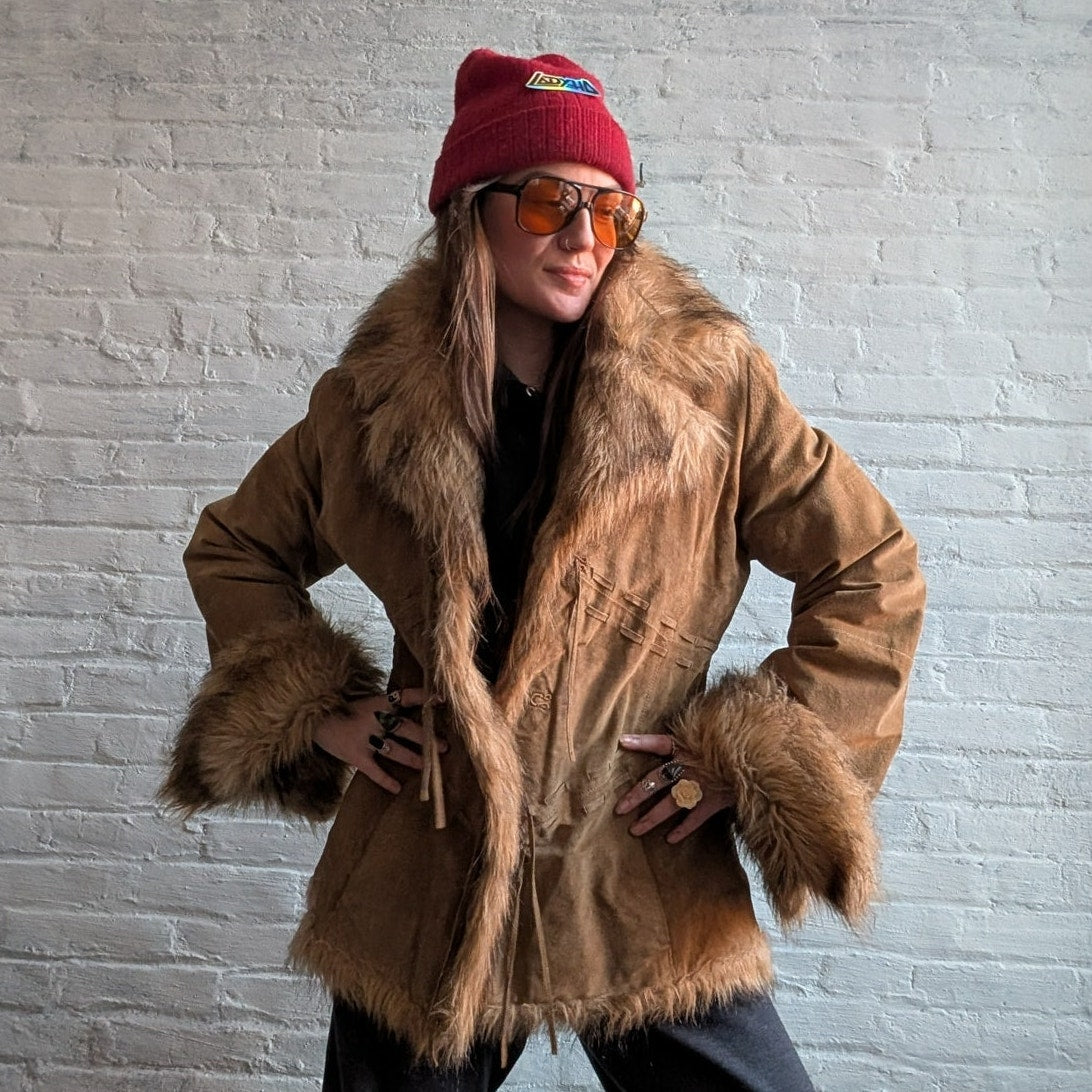 Vintage Brown Suede Penny Lane Jacket Afghan Faux Fur Groovy Leather Trench Coat