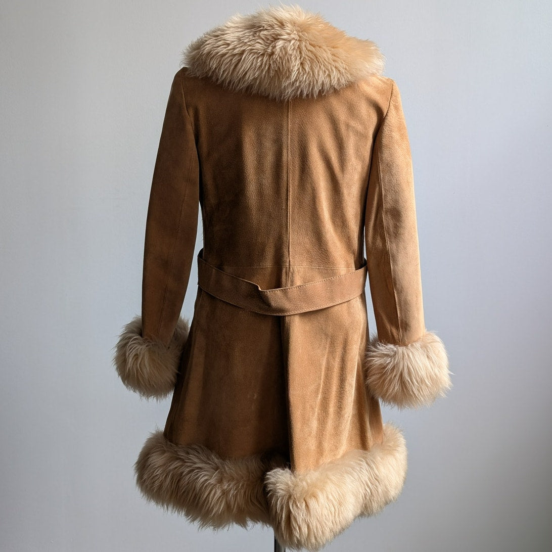 Vintage Tan Brown Suede Penny Lane Jacket Fur Furry Leather Trench Coat Small