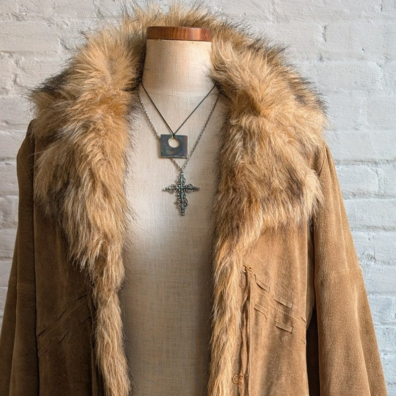 Vintage Brown Suede Penny Lane Jacket Afghan Faux Fur Groovy Leather Trench Coat
