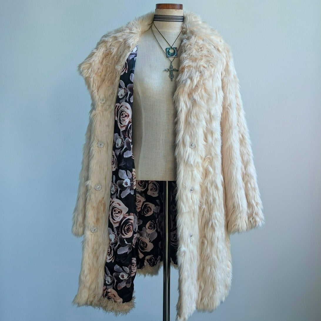 White Shaggy Faux Fur Trench Coat Cream Furry Penny Lane 70s Afghan Jacket Small