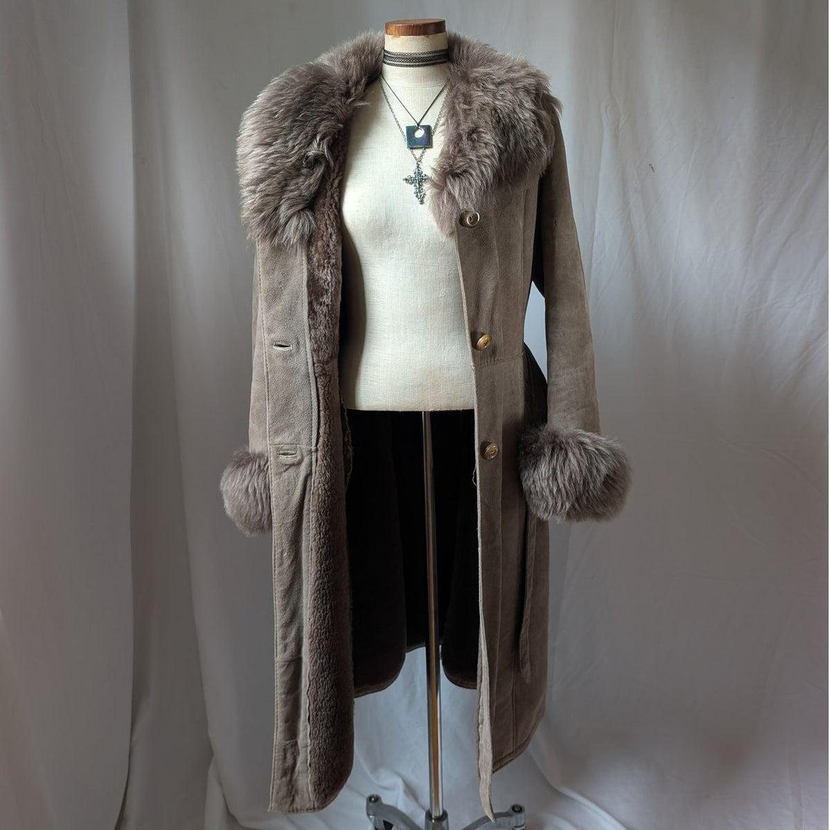 Vintage Brown Suede Penny Lane Jacket S Shearling Fur Coat Chic Leather Trench