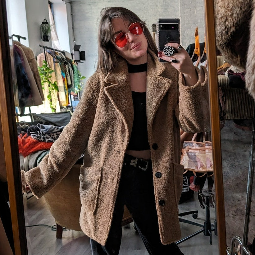 Brown Faux Fur Coat Teddy Jacket Quilted Puffer Coat Designer Reversible Large