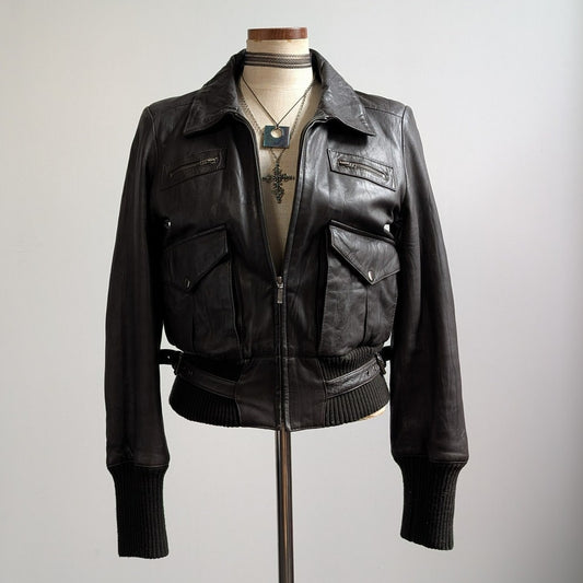 Vintage Brown Leather Bomber Jacket Minimalist Chic Y2K Black Biker Coat Small