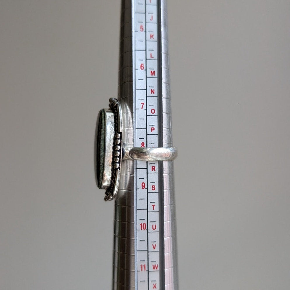 Green Speckled Sterling Silver Ring Retro Vintage Boho Natural Stone Size 8.25