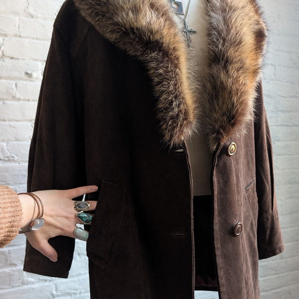 Vintage Brown Genuine Suede Fur Trim Coat Leather Minimalist Mini Trench Jacket