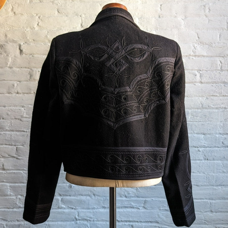 Vintage Black Wool Western Blazer Cropped Jacket Minimalist Coat Cowgirl Medium