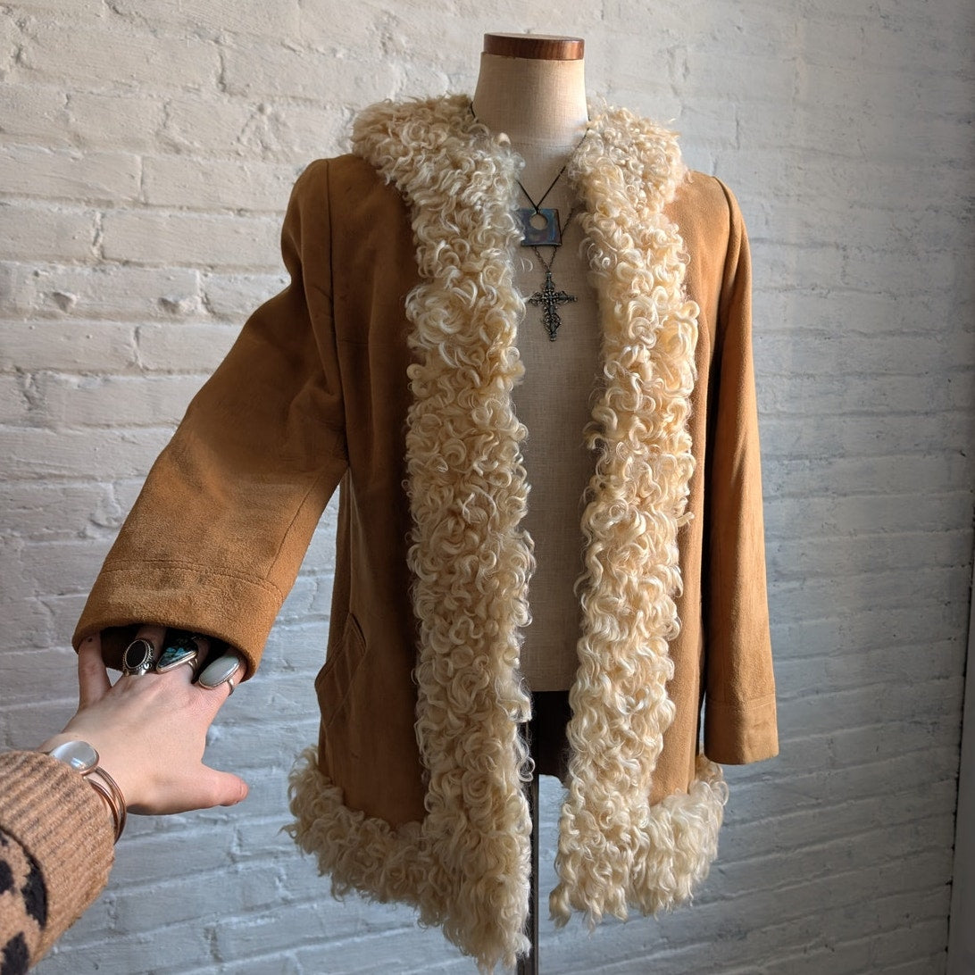 70s Vintage Neutral Tan Suede Penny Lane Jacket Genuine Leather Boho Fur Coat