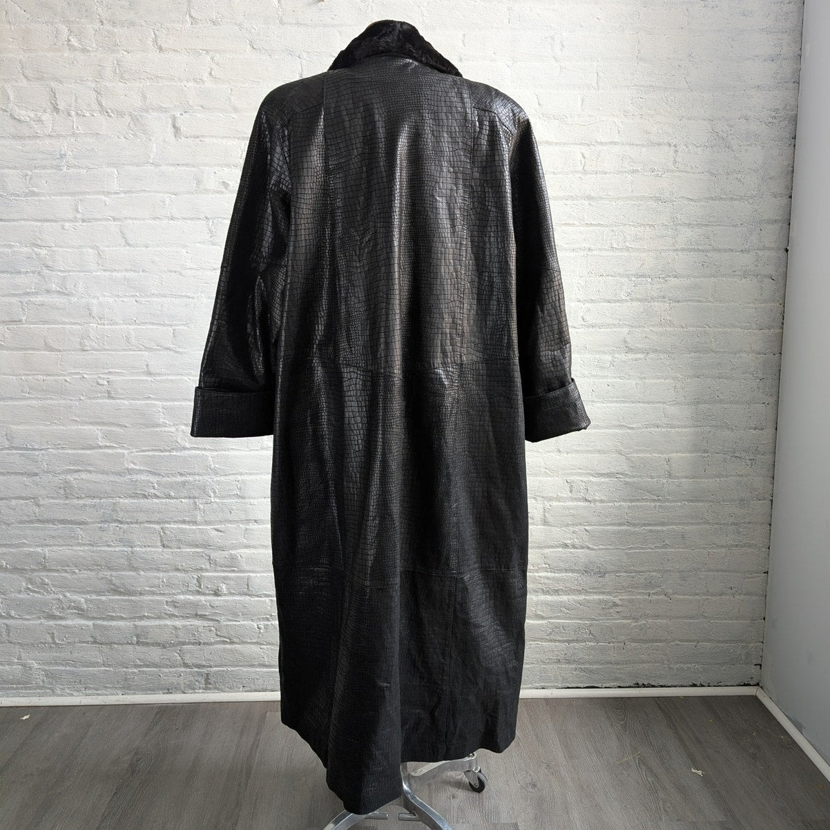 Vintage Black Leather Faux Fur Trench Coat Penny Lane Grunge Snakeskin Jacket