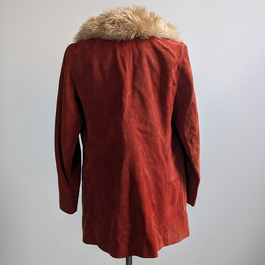 Vintage Red Suede Jacket Leather Penny Lane Coat Fur Trim 70s Trench Coat Medium