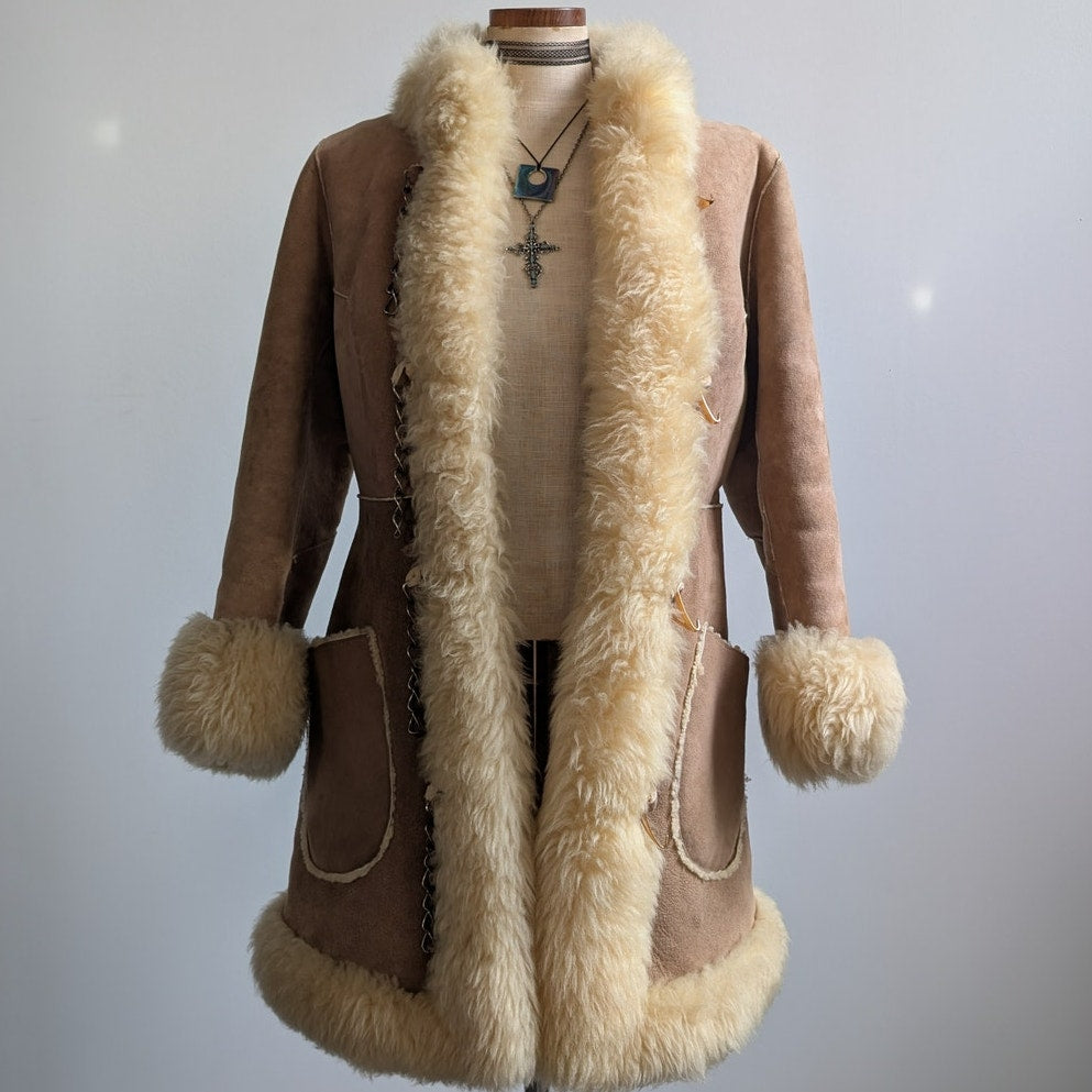 Vintage Brown Suede Fur Coat Boho Tan Leather Penny Lane Jacket Fur Trim Medium