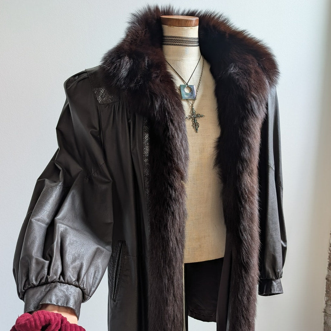 Vintage Black Leather Trench Coat Fur Penny Lane Jacket Goth Minimalist Large