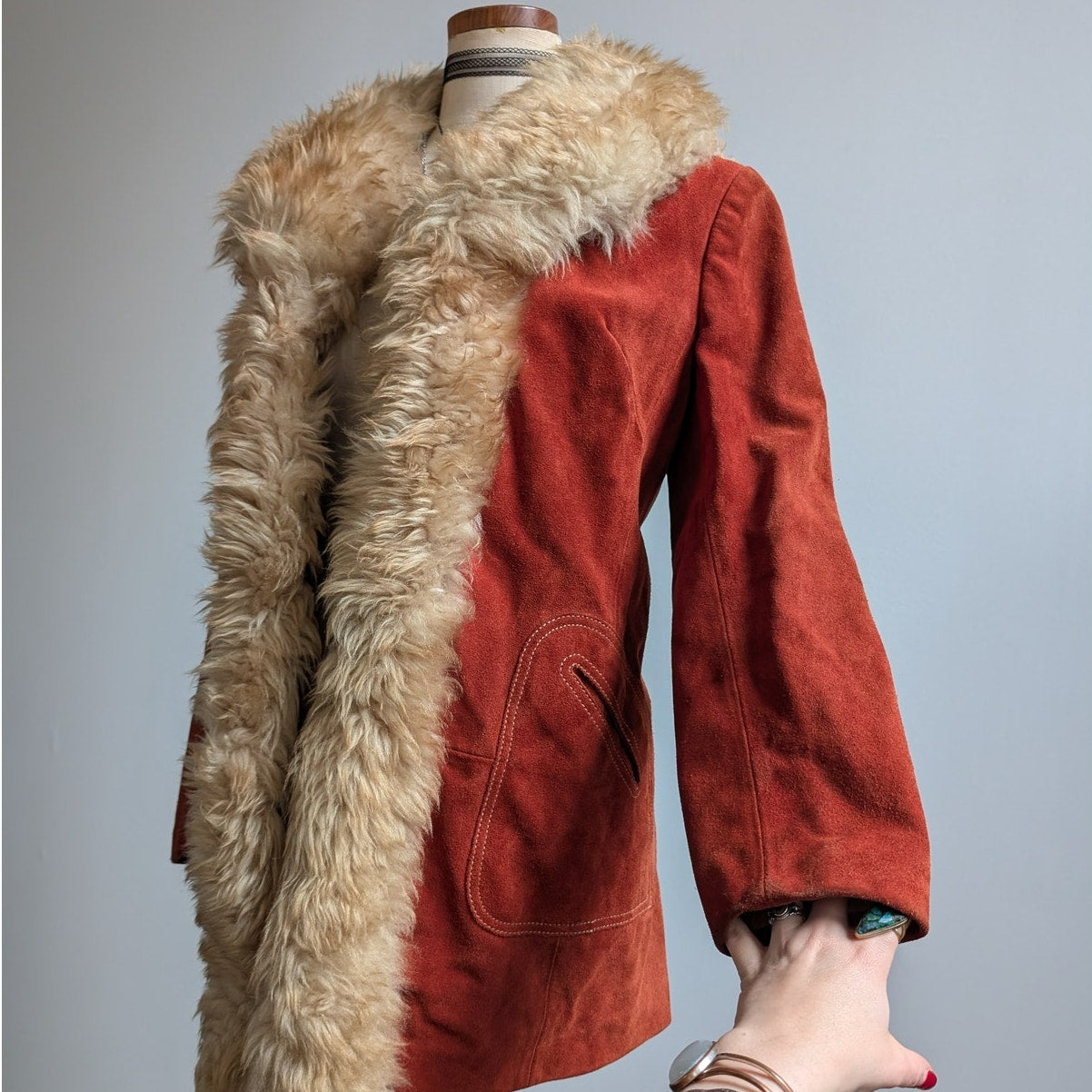 Vintage Red Suede Jacket Leather Penny Lane Coat Fur Trim 70s Trench Coat Medium