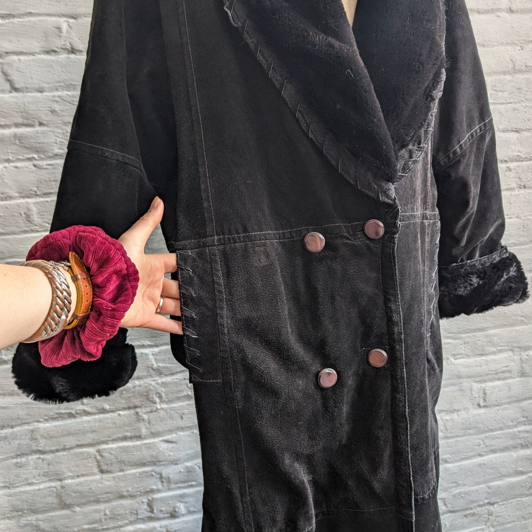 Vintage Black Suede Leather Trench Coat Fur Trim Leather Winter Jacket Large