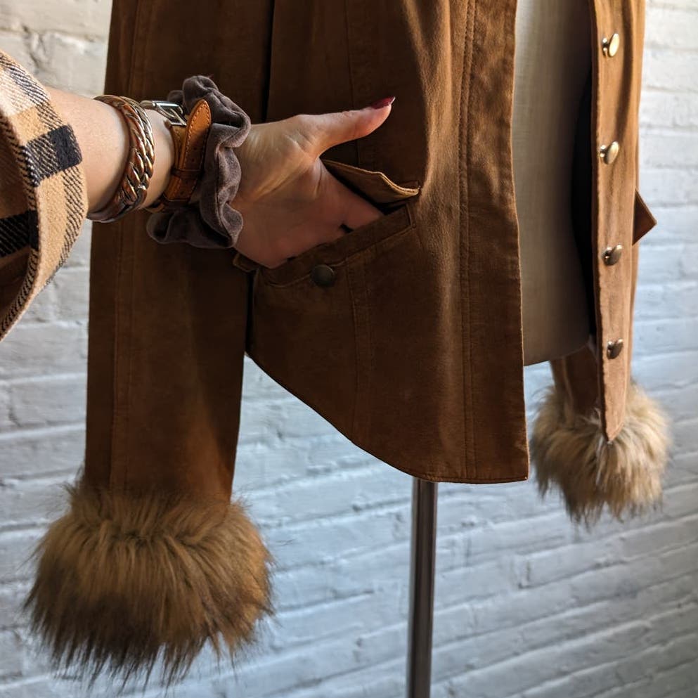 Y2K Vintage Furry Penny Lane Coat Genuine Suede Leather Vegan Fur Shag Jacket