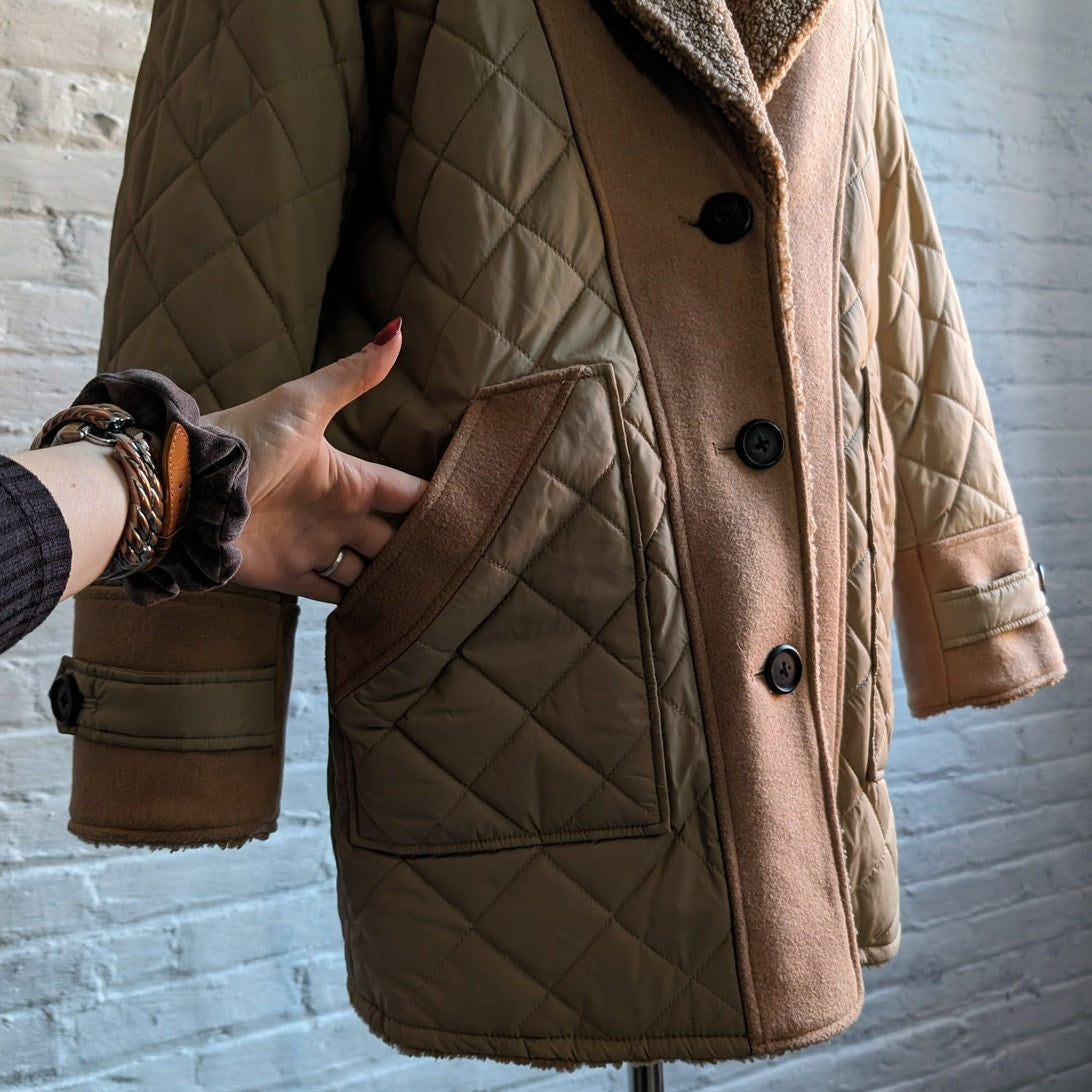 Brown Faux Fur Coat Teddy Jacket Quilted Puffer Coat Designer Reversible Large