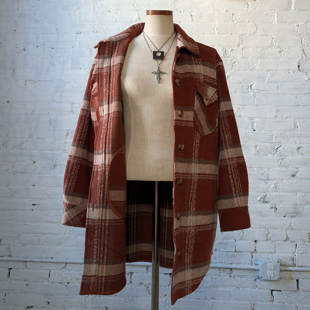 Red Plaid Flannel Jacket Gorpcore Utility Shacket Grunge Boho Chic Earthy Small