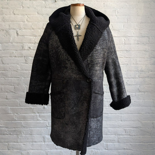 Vintage Black Leather Shearling Coat Afghan Fur Minimalist Chic Luxury Jacket