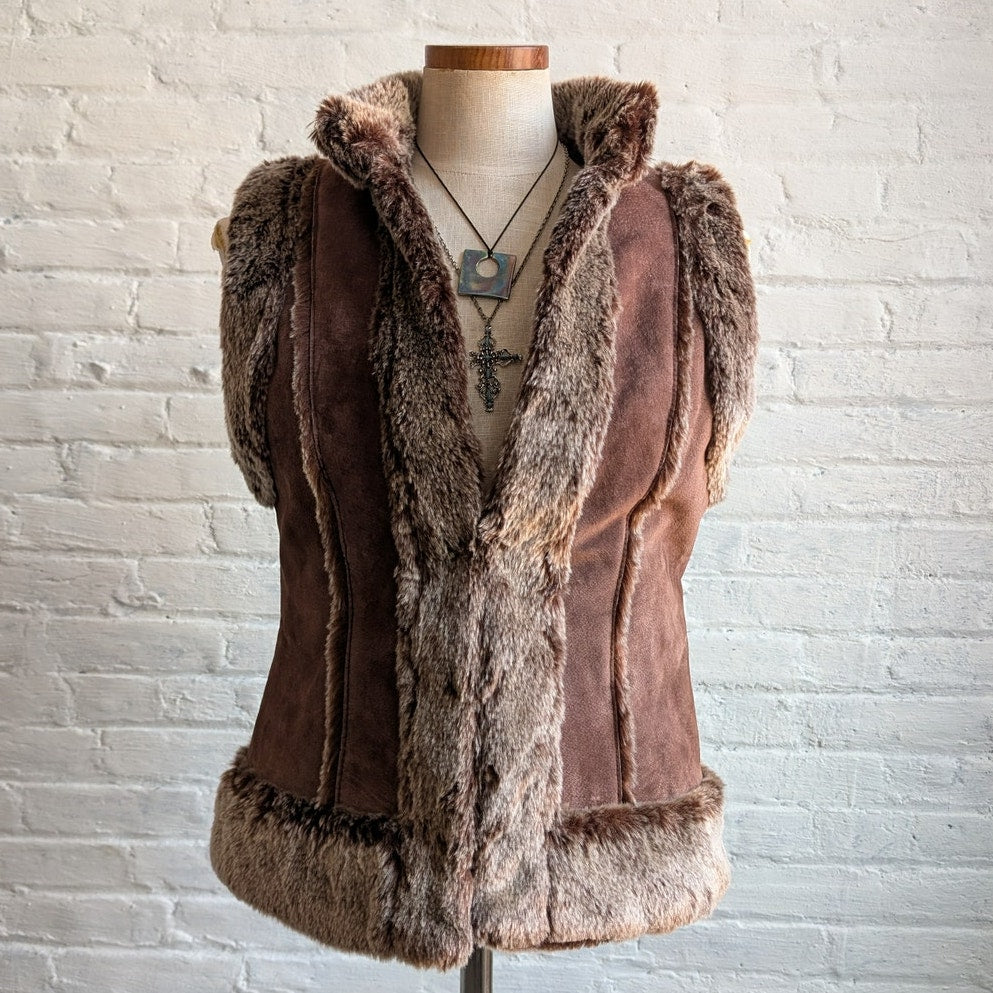 Y2K Vintage Brown Suede Fur Vest Penny Lane Fuzzy Leather Groovy Boho Moto Coat