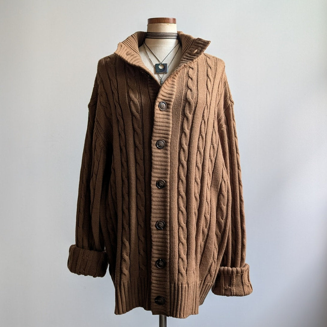 Vintage Brown Cable Knit Cardigan Chunky Grandpa Cosby Sweater Minimalist XL