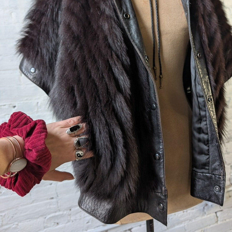 Vintage Black Leather Fox Fur Biker Jacket Minimalist Grunge Goth Moto Vest Coat