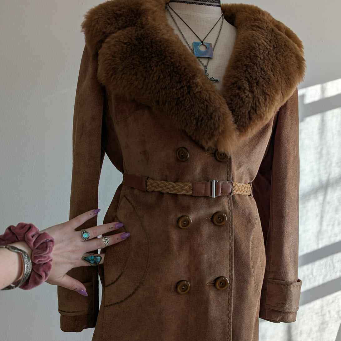 Vintage Brown Suede Penny Lane Coat Fur 70s Leather Jacket Boho Afghan Medium