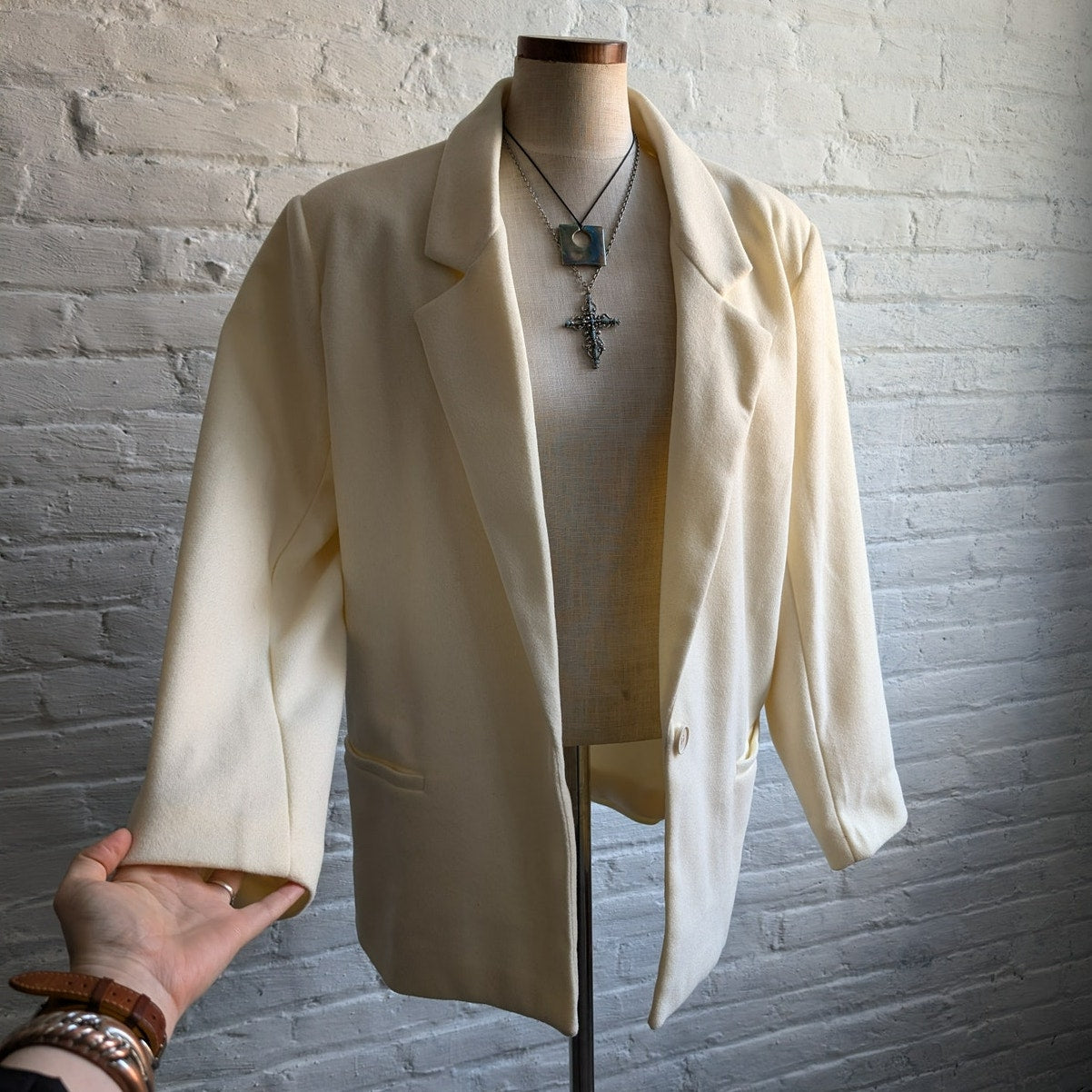 White Preppy Minimalist Blazer Neutral Oversize Light Jacket Boho Chic Medium