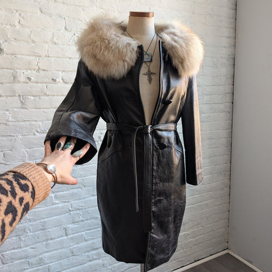 Vintage Black Genuine Leather Penny Lane Coat Fox Fur Trench Minimalist Jacket