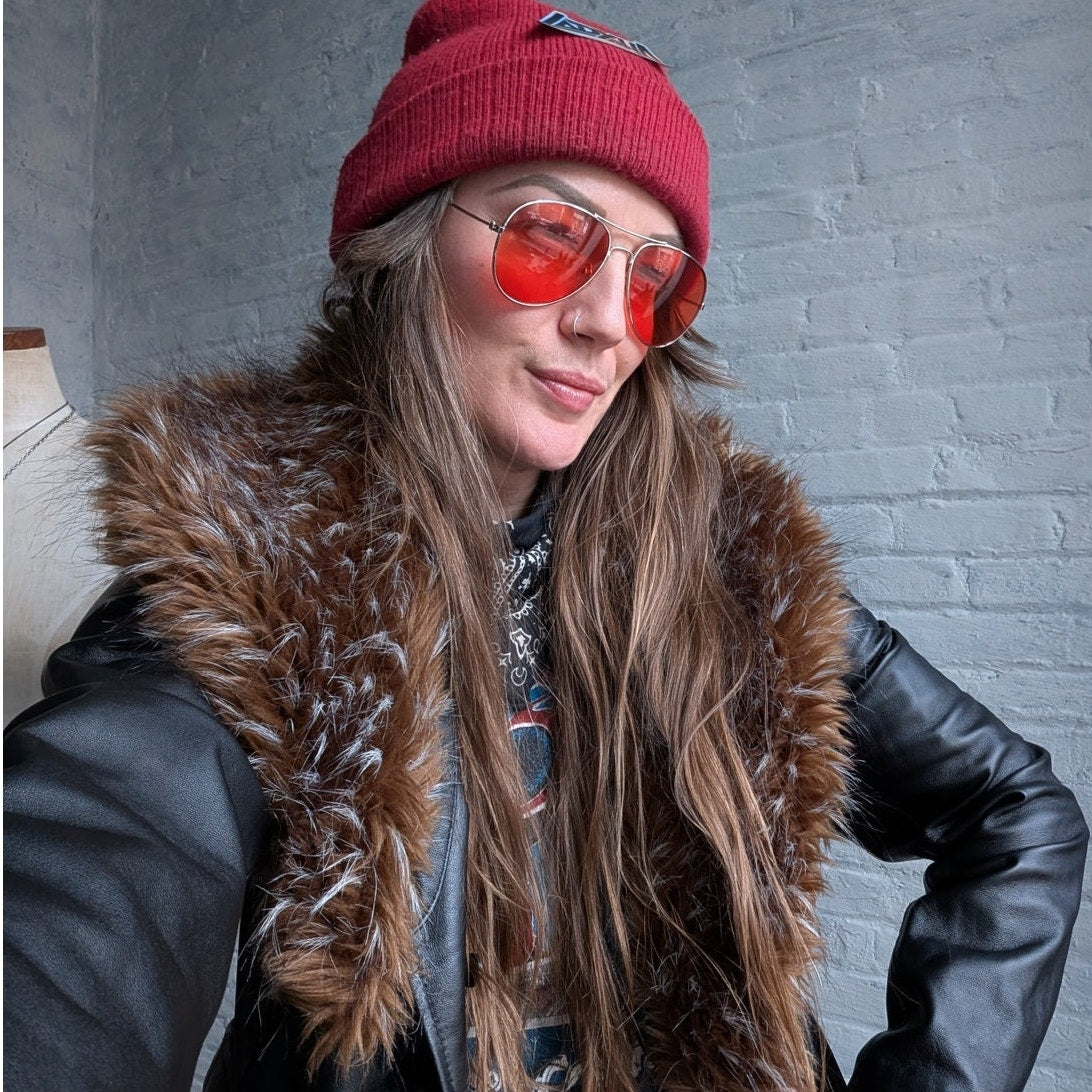 Vintage Black Minimalist Leather Fur Coat Penny Lane Chic Goth Furry Moto Jacket