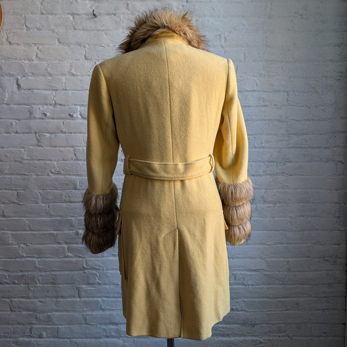 Vintage Yellow Wool Trench Coat Groovy Penny Lane Jacket Faux Fur Coat Medium