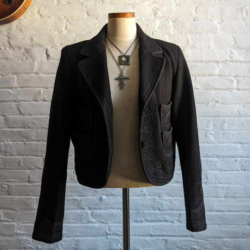 Vintage Black Wool Western Blazer Cropped Jacket Minimalist Coat Cowgirl Medium