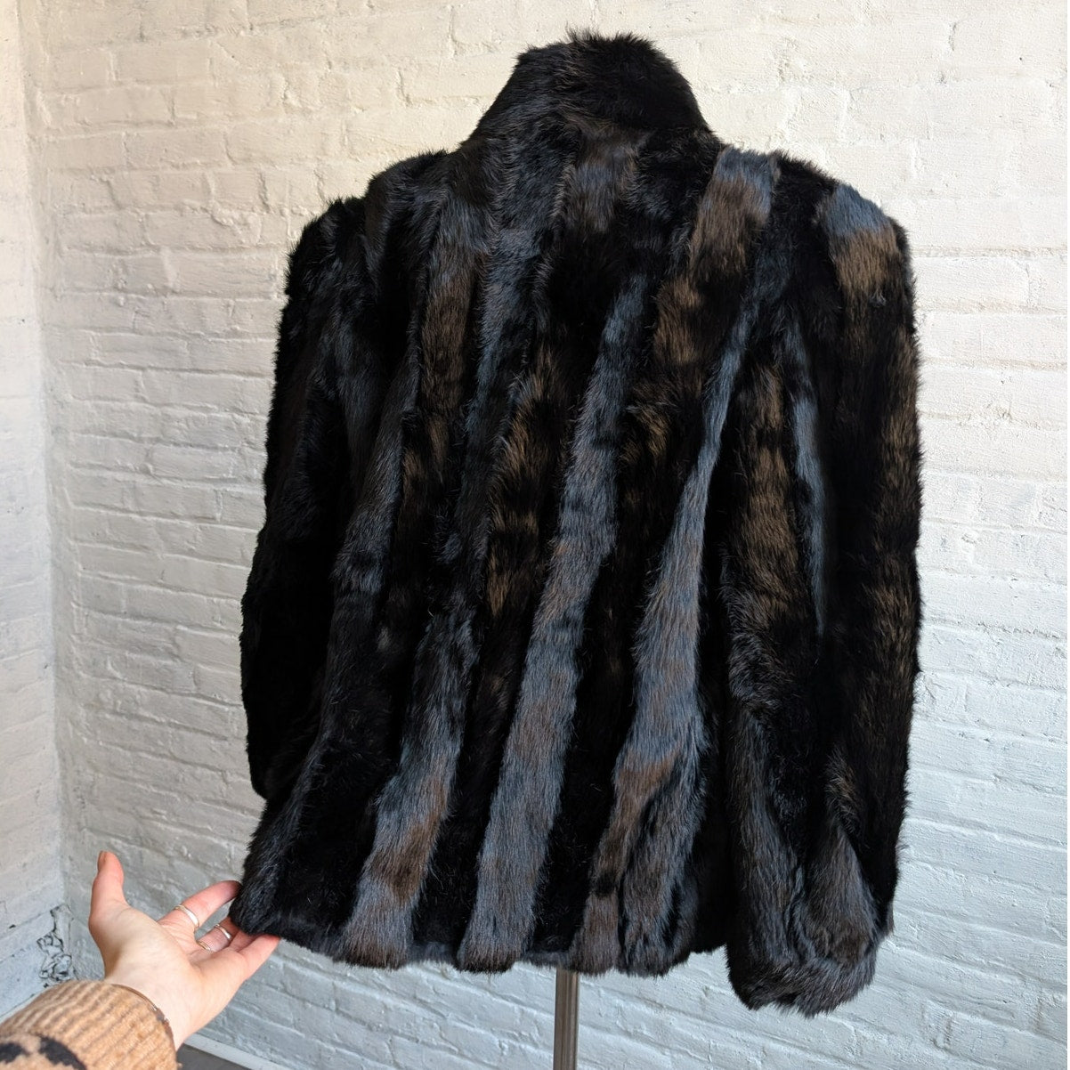 Vintage Jet Black Genuine Rabbit Fur Coat Minimalist Furry Fuzzy Bomber Jacket