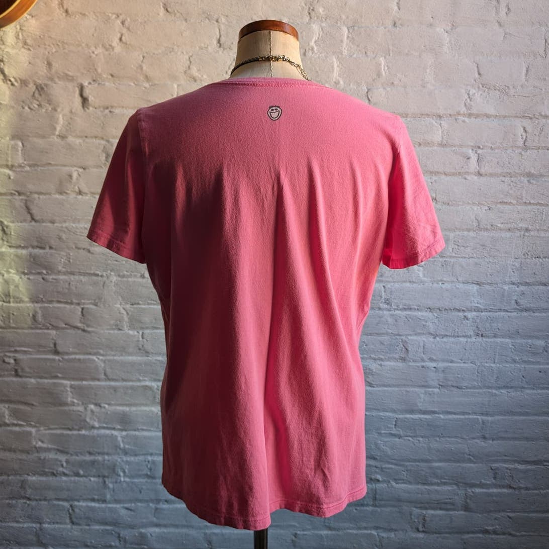 Retro 70s Groovy Pink Graphic Print Tee Distressed Tropical Funky Vacation Top